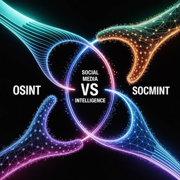 OSINT vs SOCMINT comparison table showing key differences in scope, tools, and AI in social media